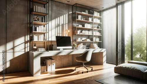 Interior of modern office with wooden floor, comfortable computer desk and bookcase. Generative AI