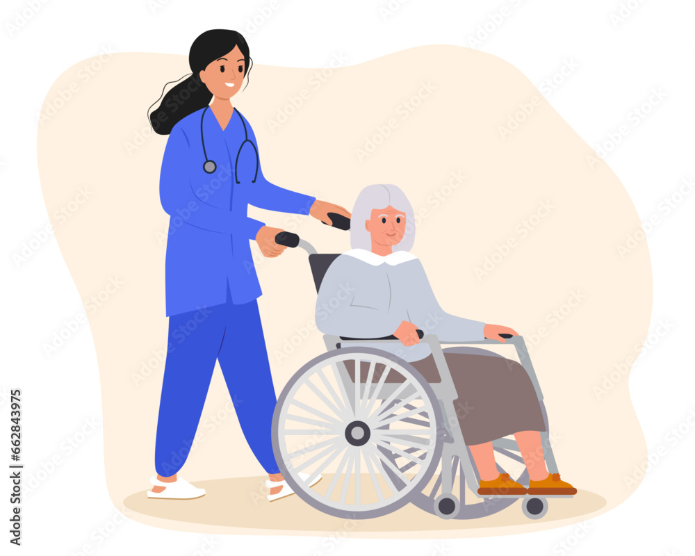 Caring for the elderly. A nurse helps a grandmother with a wheelchair. Flat vector. Caring for the elderly. A nurse helps a grandmother with a wheelchair. Flat vector.