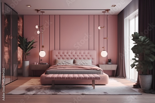 Bedroom interior in pink colors in modern house.