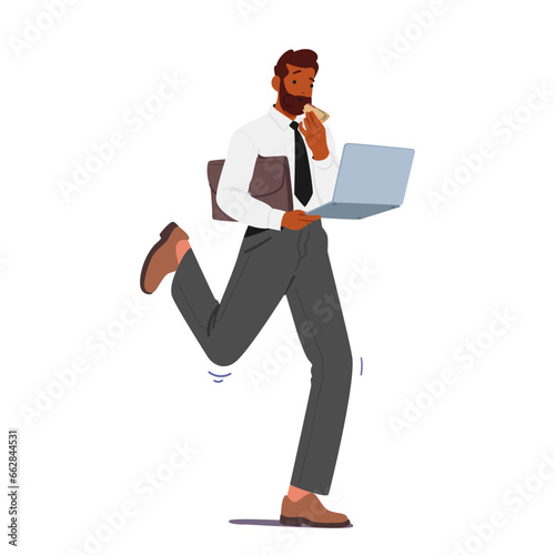 Multitasking Businessman Character with Laptop In Hand Dines On The Move, Cartoon People Vector Illustration