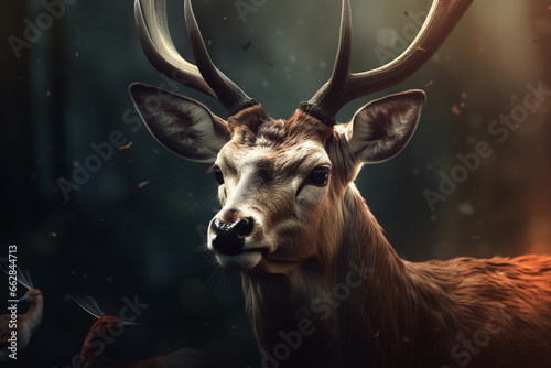 Close up portrait of a deer with antlers in the forest.