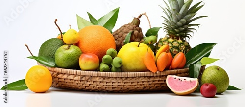 Basket of Asian and tropical fruits in Thailand With copyspace for text