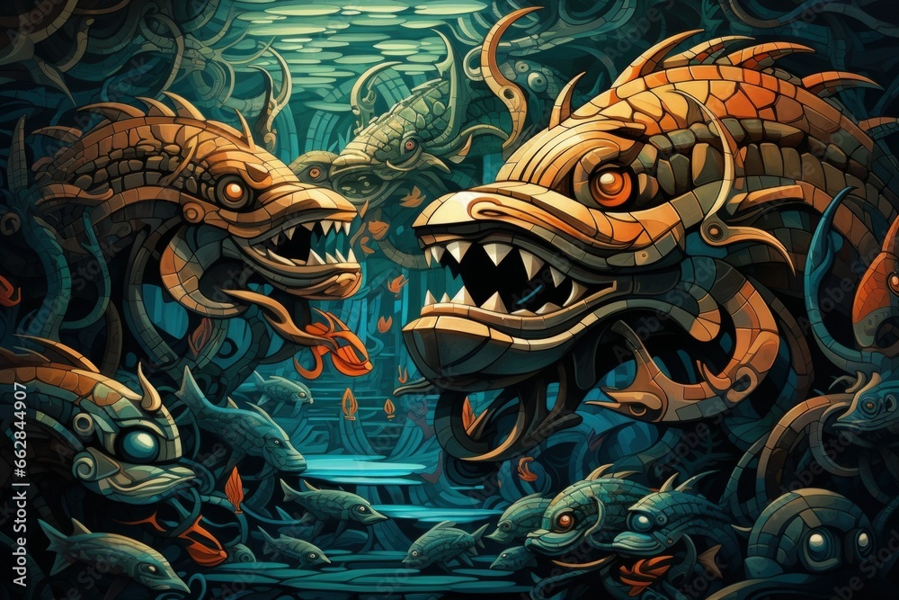 Obraz premium Ancient sea serpents, guardians of hidden treasures beneath the ocean depths - Generative AI