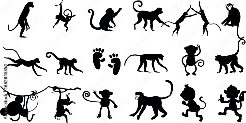 Monkey Vector Illustration - A dynamic, black silhouette collection of monkeys in various actions and poses. Perfect for jungle, wildlife, zoo, safari, or tropical themes
