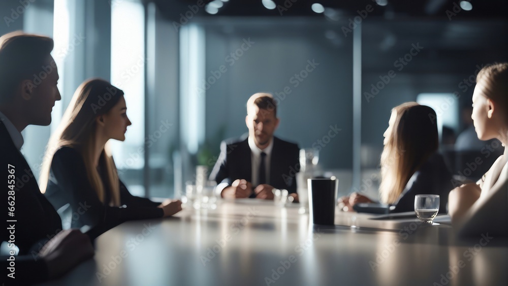 Fototapeta premium Soft of blurred people meeting at table. Abstract blurred office interior space background