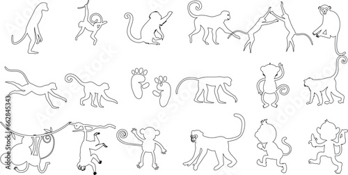  Monkey Line Art Vector Set, Perfect for Children’s Books, Coloring Pages, Educational Materials. Featuring Primate Poses and Actions, Ideal for Jungle, Rainforest, Wildlife Themes.