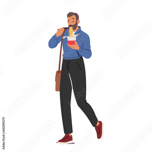 Busy Man, Devouring A Quick Meal While On The Move, Embodies The Hustle Of Modern Life, Vector Illustration