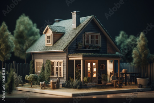 House model with christmas decoration on wooden floor in living room.