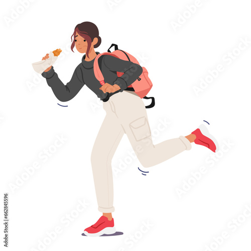 Busy Student Girl, Backpack Slung, Takes Quick Bites From A Snack While Rushing To Class. Multitasking On The Go