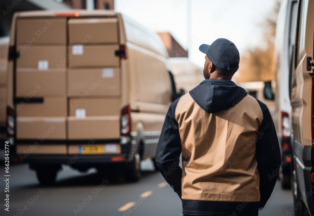 Courier man looking at fully stacked vehicle. Delivery concept.