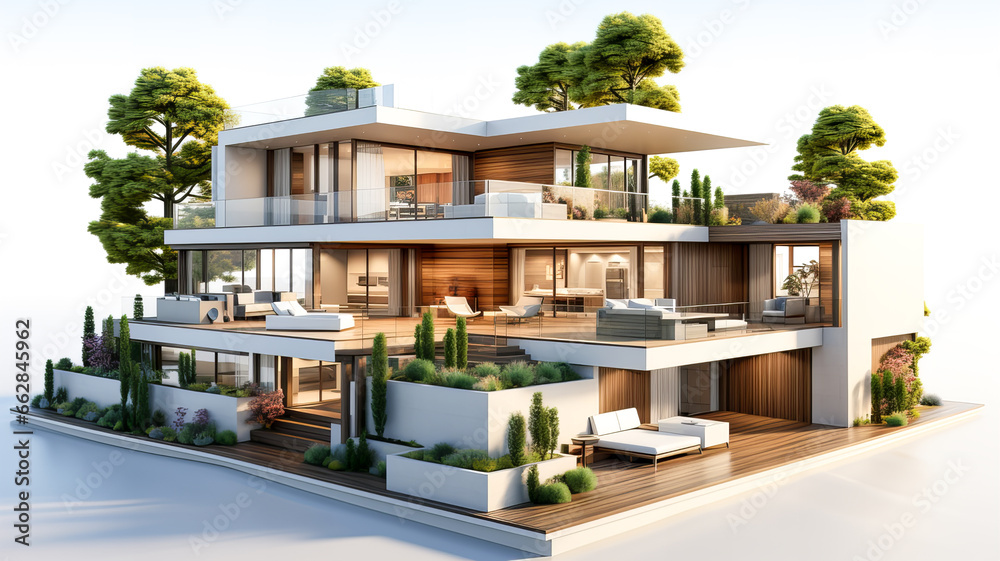 3D rendering of a modern cozy house with a terrace for sale or rent in a luxurious style and beautiful landscape design. Generative AI technology. 3D rendering of a modern cozy house with a terrace for sale or rent in a luxurious style and beautiful landscape design. Generative AI technology.