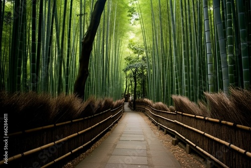 A trail amidst a bamboo forest in Kyoto  Japan. Generative AI