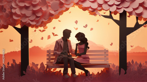 Couple sitting together on a park bench, watching the sunset and sharing a blanket made in paper cut craft, Layered paper