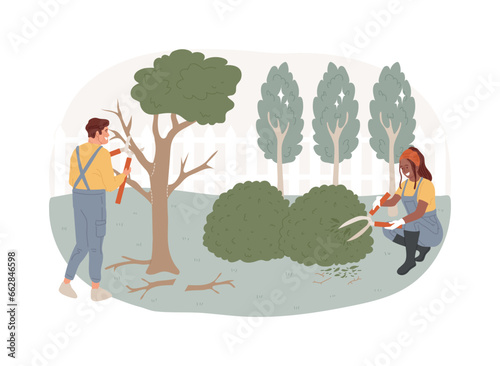 Cutting trees and shrubs isolated concept vector illustration. Gardening services, landscape maintenance, pruning, remove diseased, dead and broken branches, shape trees vector concept.
