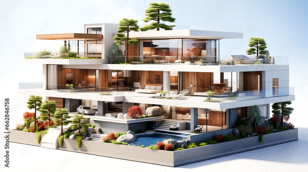 3D rendering of a modern cozy house with a terrace for sale or rent in a luxurious style and beautiful landscape design. Generative AI technology. - obrazy, fototapety, plakaty 