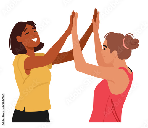 Girlfriends Giving High Five, A Burst Of Joy, Laughter, And Unspoken Support Gesture. Characters Celebrating Victory