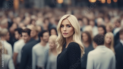 Stand out from the crowd concept with blonde woman standing out from large crowd of people © adi