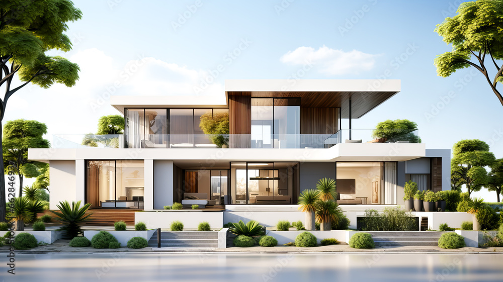 3D rendering of a modern cozy house with a terrace for sale or rent in a luxurious style and beautiful landscape design. Generative AI technology.