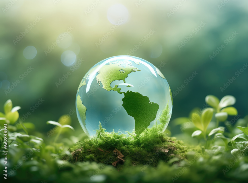 Glass ball in the form of planet earth on a background of grass and other plants