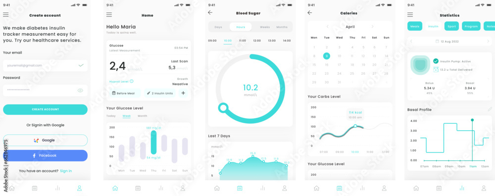 Blood Sugar, Insulin Tracker and Diabetes Control and Healthcare Management Mobile App UI Kit Template