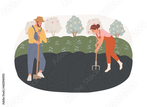 Cultivating the soil isolated concept vector illustration. Gardening, growing vegetables, tilling ground, remove weeds, loosening soil, air, water and nutrients penetration vector concept.