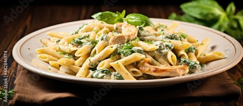 Obraz  z motywem Creamy sauce with pasta chicken and spinach With copyspace for text