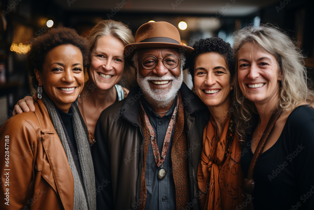 Fototapeta premium Portrait of diverse group of friends standing together in a pub. ia generated