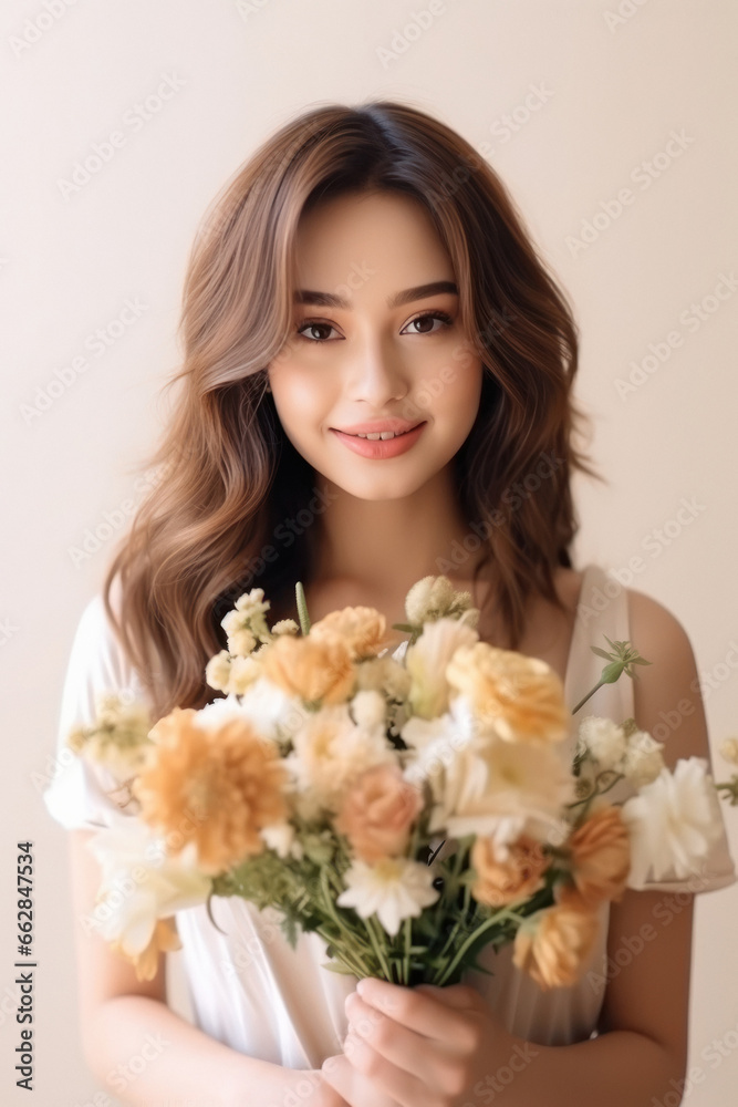 Young beautiful woman smiling, holding flower bouquet. Young beautiful woman smiling, holding flower bouquet.