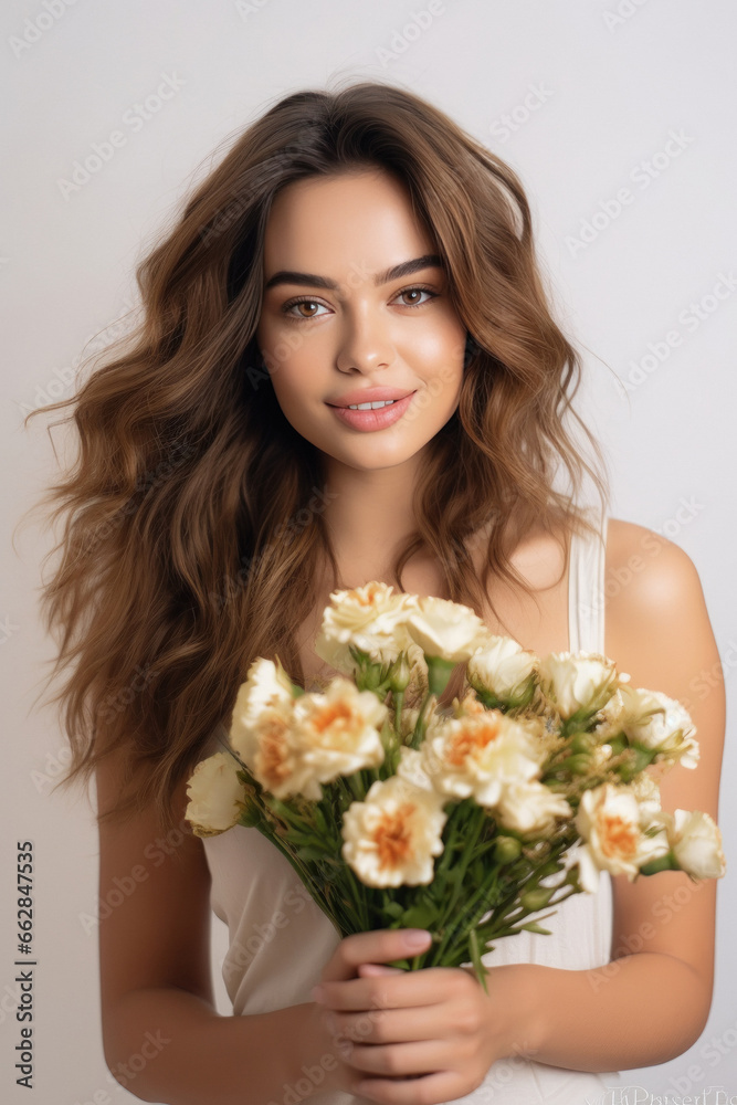 Young beautiful woman smiling, holding flower bouquet.