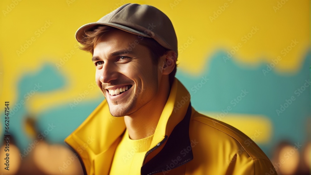 Ultra handsome Caucasian, smiling and laughing, wearing bright clothes. Bright solid yellow backgroud Ultra handsome Caucasian, smiling and laughing, wearing bright clothes. Bright solid yellow backgroud
