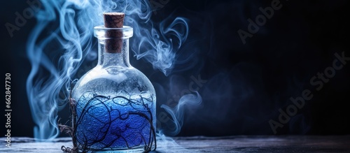 Mana replenishment in a blue smoke bottle with witches brew With copyspace for text