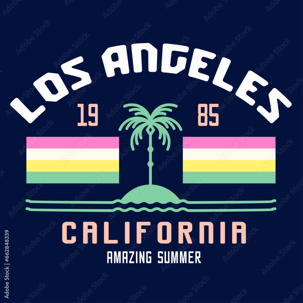 tropical island with palm trees, California Palm Tree And Long Beach Summer Graphics, summer holiday, hello summer, beach vacation and navy background - Vector Illustration for tshirt prints