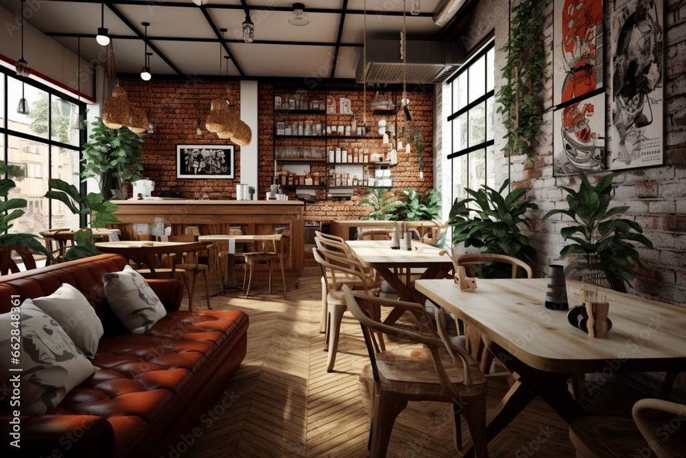 Create an interior design for a trendy coffee shop or cafe