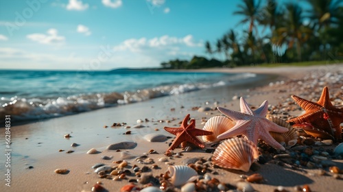 seashells and starfish on the sand beach background