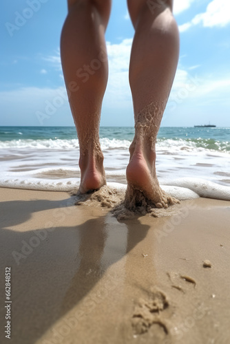 realistic photo of being at the beach with feet in the sand