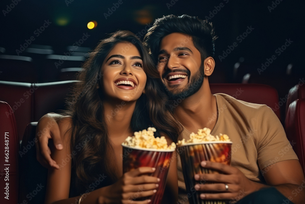Couple enjoying movie in cinema hall - obrazy, fototapety, plakaty 
