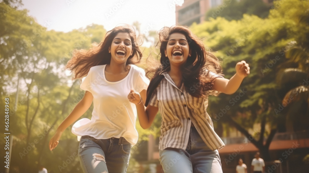 Two Indian college girls or sisters laughing and having fun - obrazy, fototapety, plakaty 