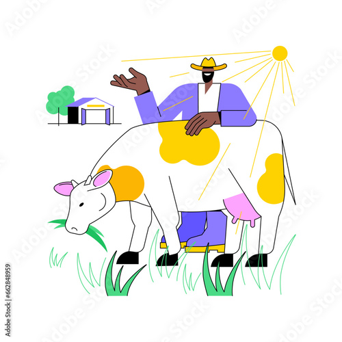 Pastures isolated cartoon vector illustrations. Livestock eating grass in the pasture, smiling farmer, agribusiness industry, agricultural input sector, countryside lifestyle vector cartoon.