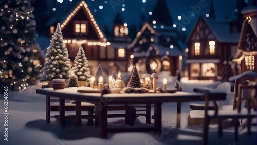 Winter scene with Christmas table in the background Christmas village on a snowy night