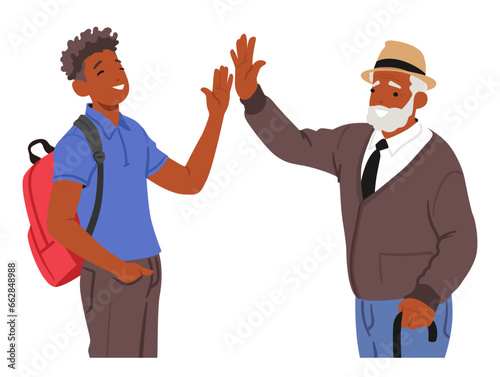 Young And Senior Men Share A Triumphant High-five, Uniting Generations Through A Gesture Of Camaraderie