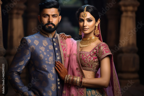 Indian bride and groom in wedding dress