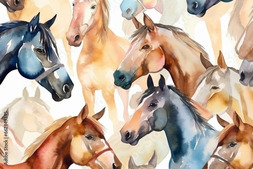 Horse watercolor pattern with equestrian background. Generative AI