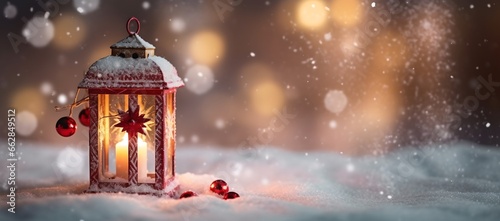 Christmas lantern, winter festive background generative ai.