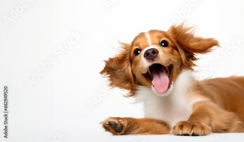 Happy red dog on a white background panorama with space for your text