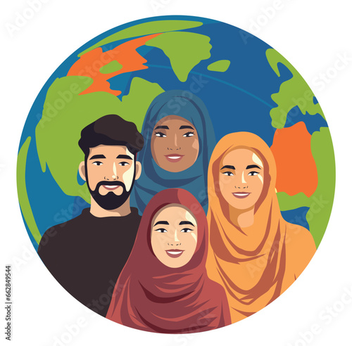 Banner, avatar, icon, people, multiracial, multicultural man and women with smiles on their faces on the background of the planet earth. Life without war. Equality and unity. independence and freedom.