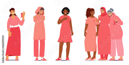 Diverse Women Characters Unite To Promote Breast Cancer Awareness, Representing Different Cultures, Vector Illustration