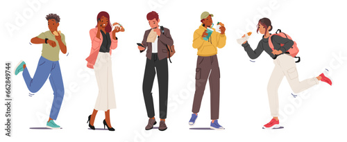 Busy Characters Hurriedly Devour Quick Bites, Juggling Meals Amidst Bustling Streets. A Fast-paced Lifestyle, Vector