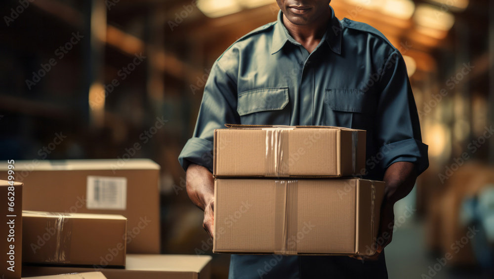 Worker moving boxes or packages in warehouse. Worker moving boxes or packages in warehouse.