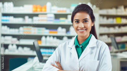 Portrait of young indian pharmacy drugstore checkout cashier counter. Prescription medicine, vitamins, beauty, health care products.
