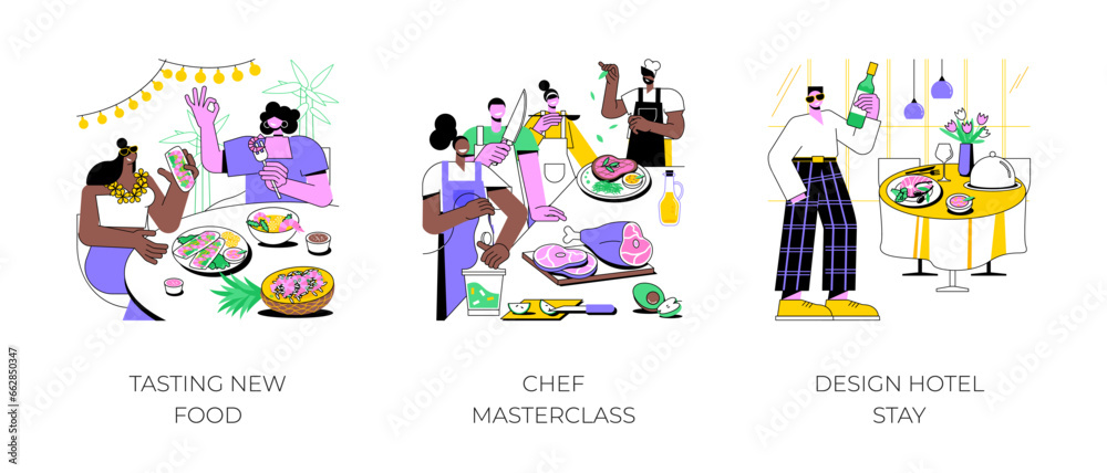 Gastronomy tour isolated cartoon vector illustrations set. Tasting new food, gastronomic experience, try traditional cuisine, Chef masterclass, cooking lesson, stay in design hotel vector cartoon.